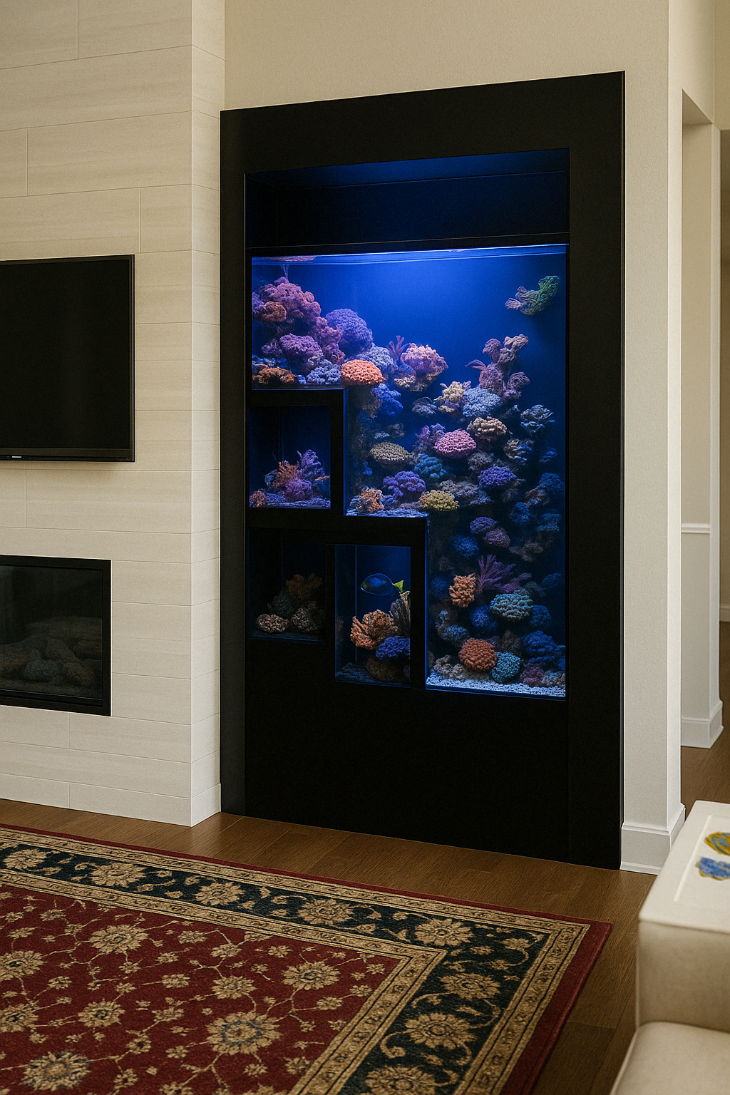 bookshelf aquarium custom in-wall aquarium
