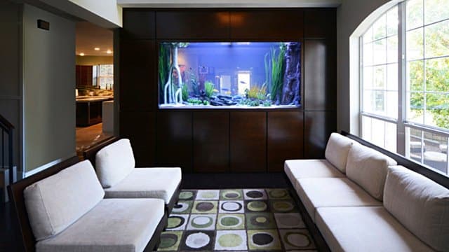 custom aquarium in hotel lobby