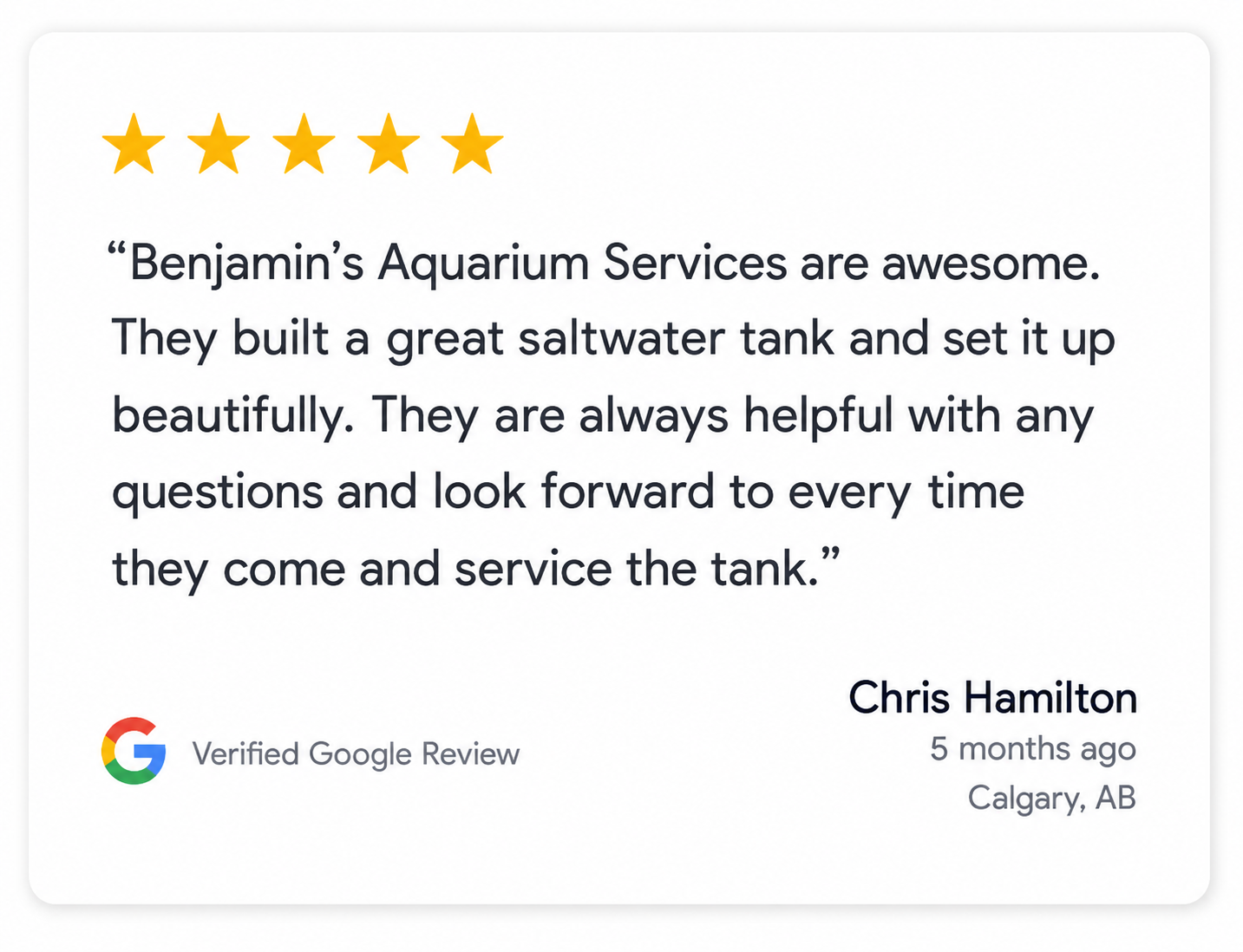 Five-star Google review from Chris Hamilton praising Benjamin’s Aquarium Services for building and maintaining a beautiful custom saltwater aquarium.