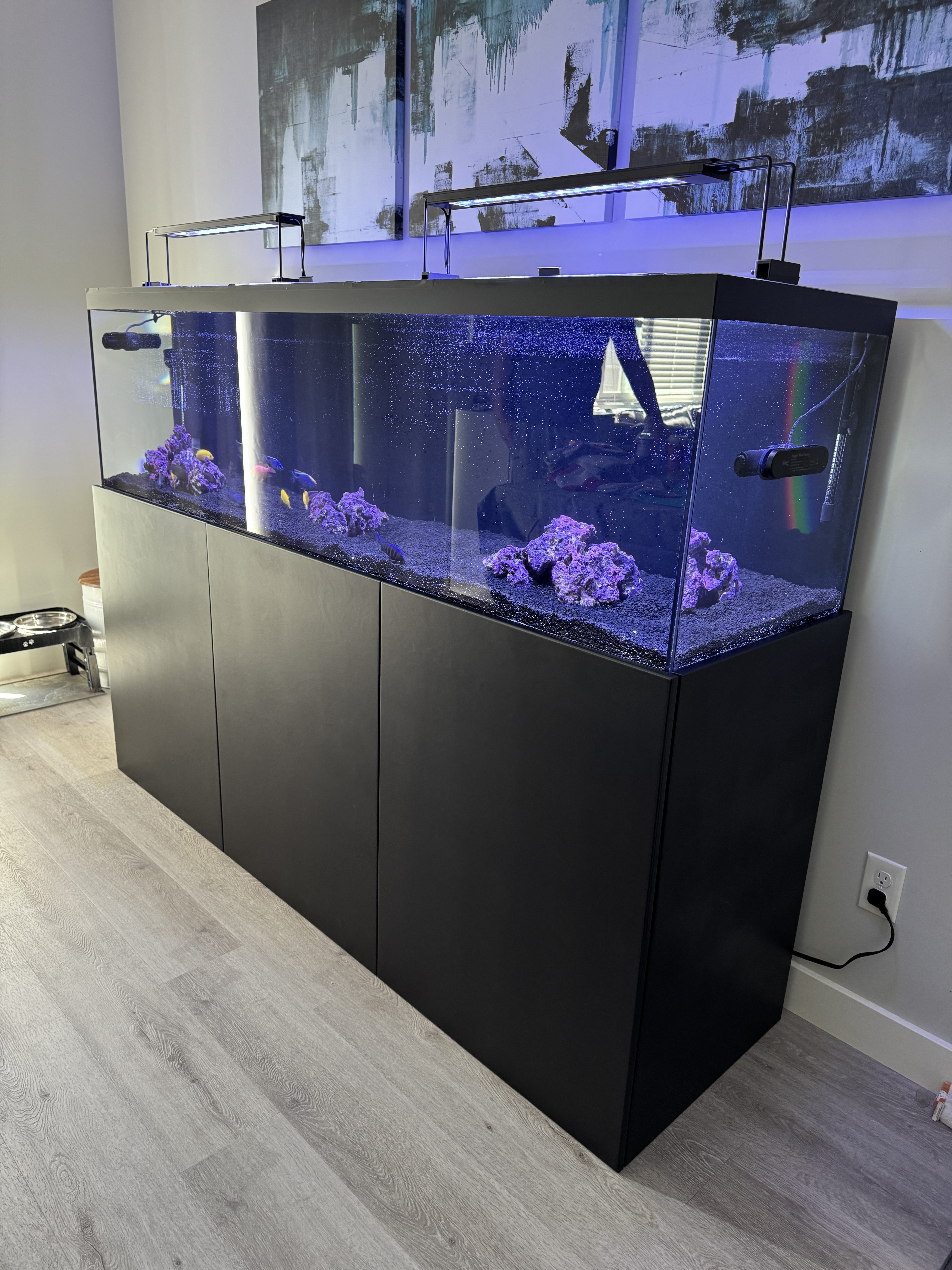Custom black aquarium cabinet with a handcrafted saltwater aquarium installed in a Calgary home