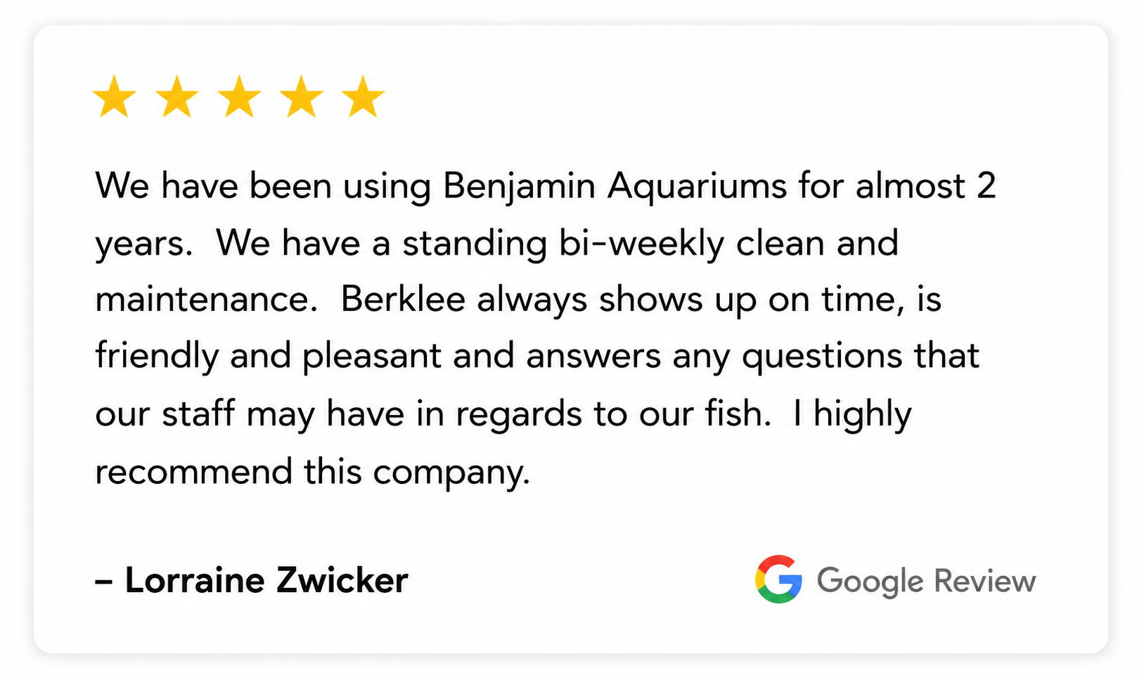 5-star Google review from Sea Ramanat recommending Benjamin’s professional and reliable pond services